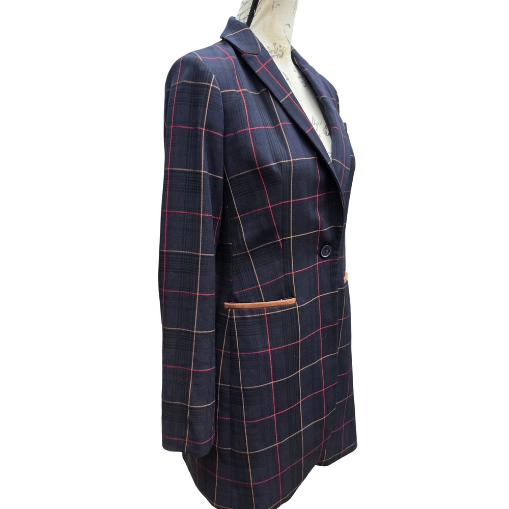 Tommy Hilfiger Navy Blue Plaid Longline Blazer Elbow Patches Womens Size 2 - Picture 3 of 10